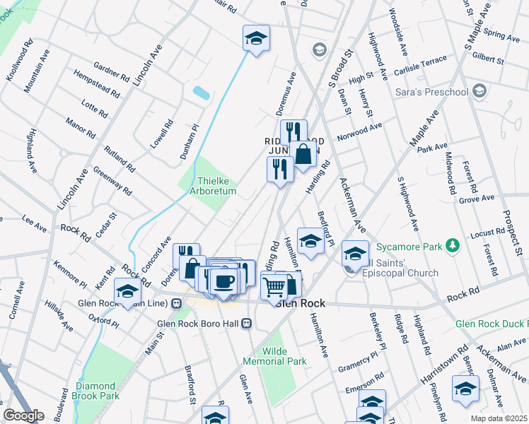 map of restaurants, bars, coffee shops, grocery stores, and more near 17 Valley Road in Glen Rock