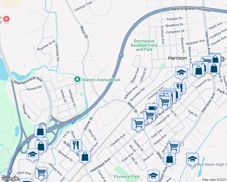 map of restaurants, bars, coffee shops, grocery stores, and more near 2 Gray Rock Drive in Harrison