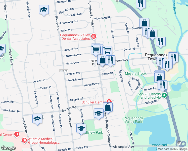 map of restaurants, bars, coffee shops, grocery stores, and more near 6 Franklin Avenue in Pequannock Township