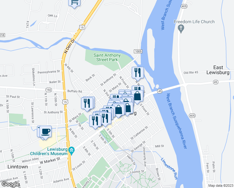 map of restaurants, bars, coffee shops, grocery stores, and more near 121 North 2nd Street in Lewisburg