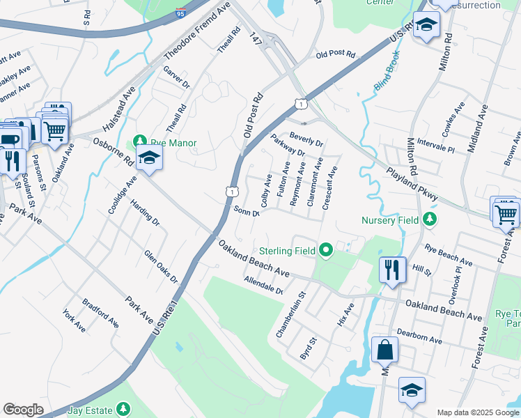 map of restaurants, bars, coffee shops, grocery stores, and more near 39 Sonn Drive in Rye
