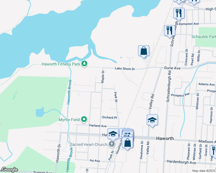 map of restaurants, bars, coffee shops, grocery stores, and more near 387 Wheeler Place in Haworth