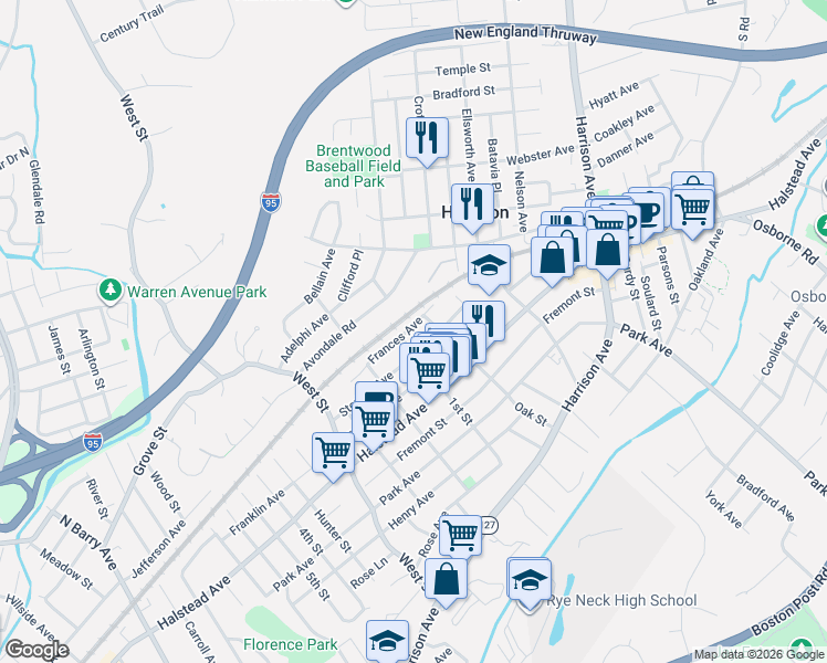 map of restaurants, bars, coffee shops, grocery stores, and more near 88 Frances Avenue in Harrison