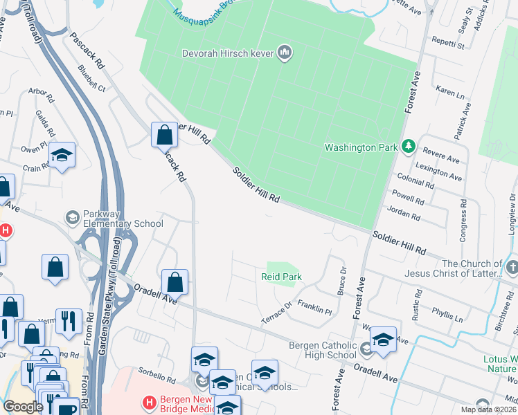 map of restaurants, bars, coffee shops, grocery stores, and more near 3 Soldier Hill Road in Paramus
