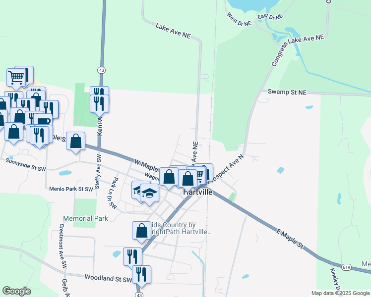 map of restaurants, bars, coffee shops, grocery stores, and more near 239 Lake Avenue Northeast in Hartville