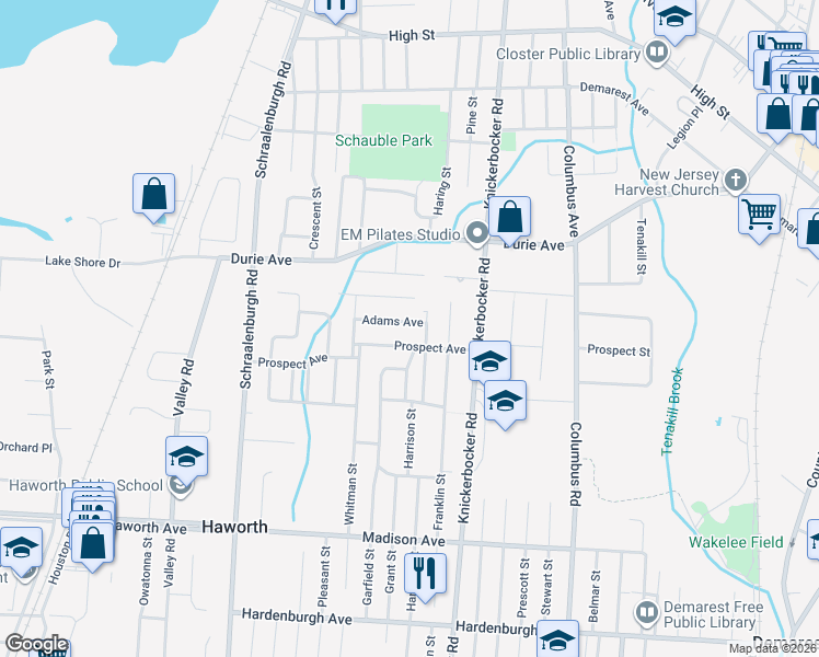 map of restaurants, bars, coffee shops, grocery stores, and more near 56 Adams Avenue in Haworth