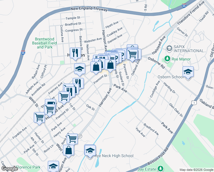 map of restaurants, bars, coffee shops, grocery stores, and more near 215 Park Avenue in Harrison