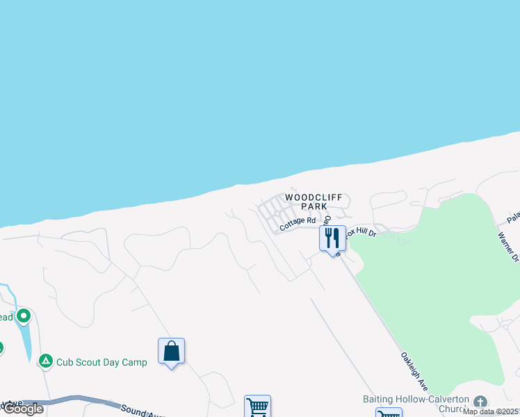 map of restaurants, bars, coffee shops, grocery stores, and more near 40 Hillcrest Drive in Calverton