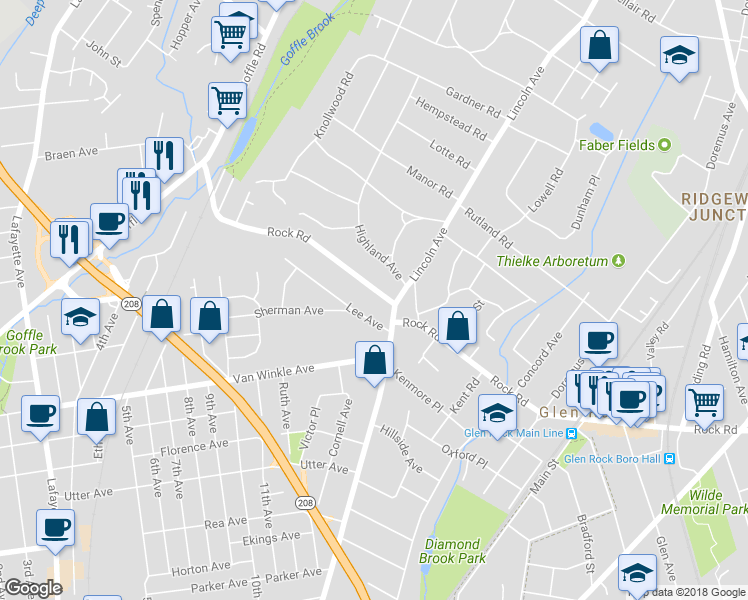 map of restaurants, bars, coffee shops, grocery stores, and more near 220 Rock Road in Hawthorne