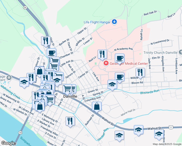map of restaurants, bars, coffee shops, grocery stores, and more near 1034 Cherry Street in Danville