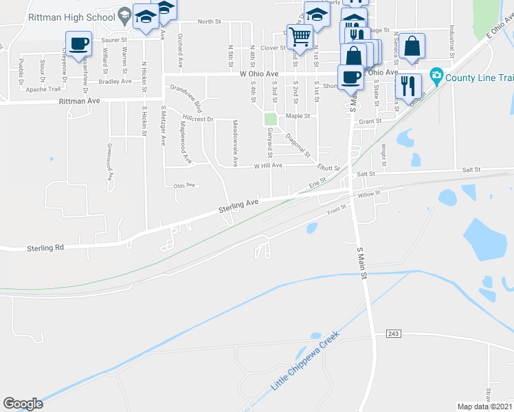 map of restaurants, bars, coffee shops, grocery stores, and more near 164 Sterling Ave in Rittman
