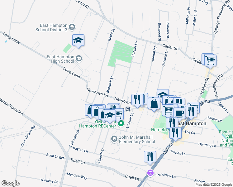 map of restaurants, bars, coffee shops, grocery stores, and more near 152 Newtown Lane in East Hampton
