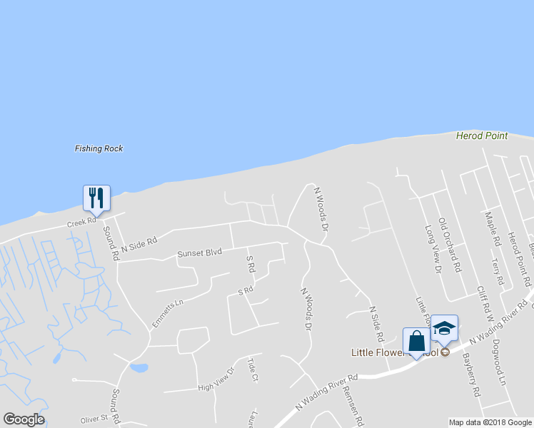 map of restaurants, bars, coffee shops, grocery stores, and more near 10 Laurel Lane in Wading River