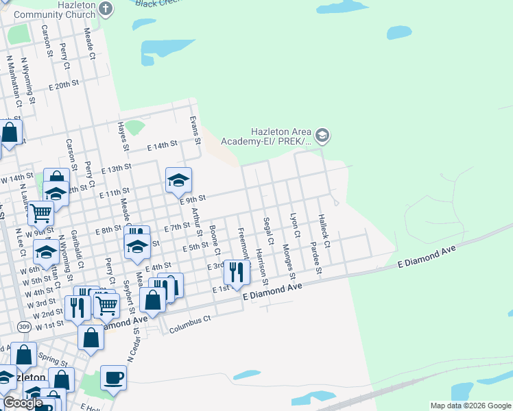 map of restaurants, bars, coffee shops, grocery stores, and more near 653 Harrison St in Hazleton