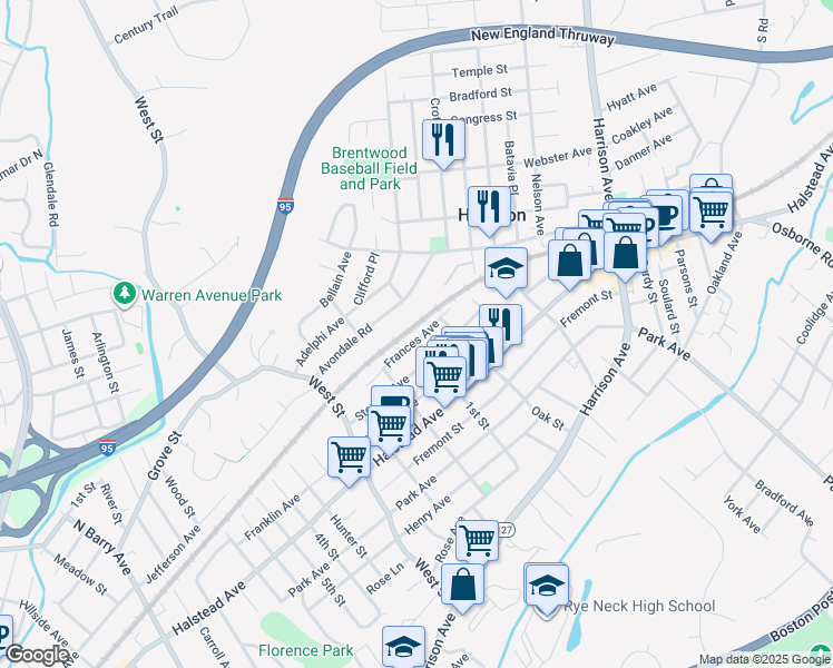 map of restaurants, bars, coffee shops, grocery stores, and more near 88 Frances Avenue in Harrison