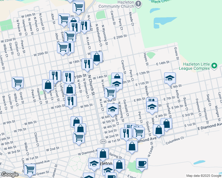 map of restaurants, bars, coffee shops, grocery stores, and more near 19 West 11th Street in Hazleton