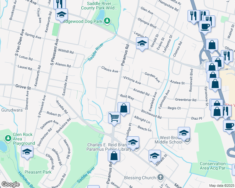 map of restaurants, bars, coffee shops, grocery stores, and more near Paramus Road & Reid Way in Paramus