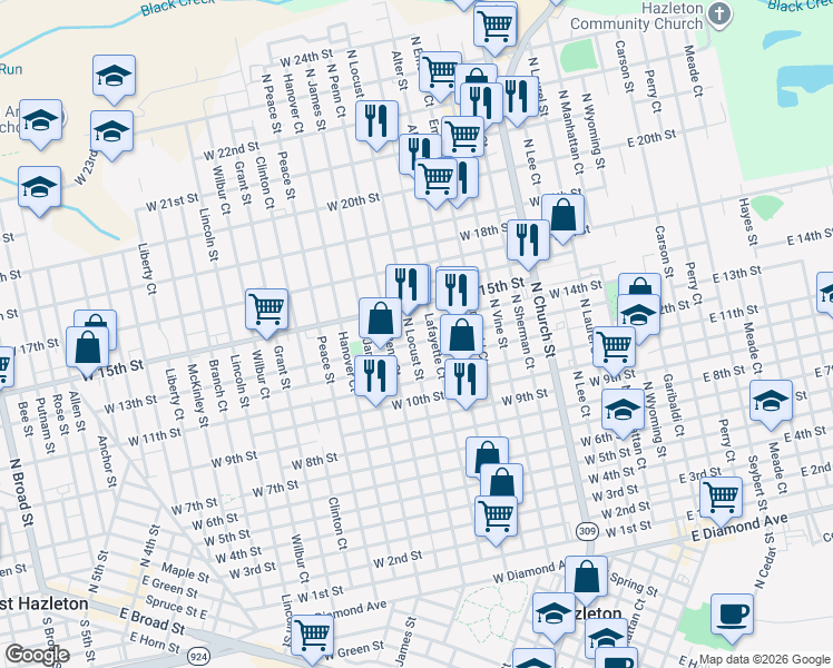 map of restaurants, bars, coffee shops, grocery stores, and more near 765 North Locust Street in Hazleton