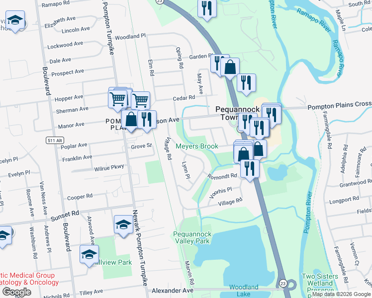 map of restaurants, bars, coffee shops, grocery stores, and more near 11 Brookside Avenue in Pequannock Township