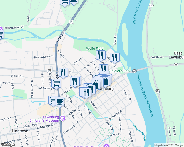 map of restaurants, bars, coffee shops, grocery stores, and more near 140 North 3rd Street in Lewisburg
