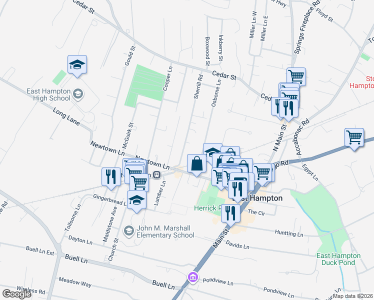 map of restaurants, bars, coffee shops, grocery stores, and more near 19 Osborne Lane in East Hampton