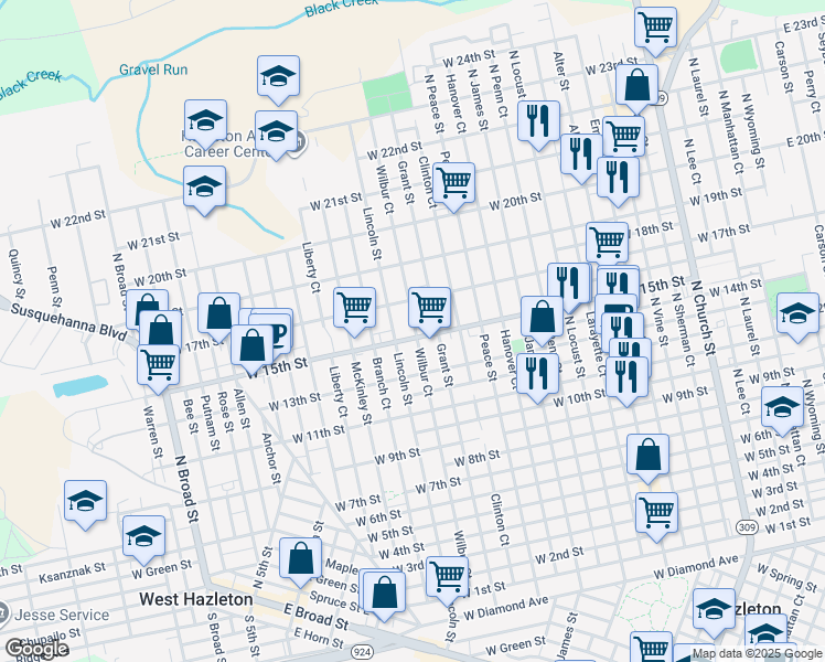 map of restaurants, bars, coffee shops, grocery stores, and more near 801-811 West 15th Street in Hazleton