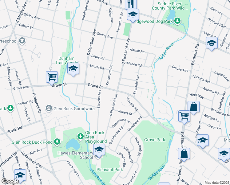 map of restaurants, bars, coffee shops, grocery stores, and more near 580 Grove Street in Ridgewood