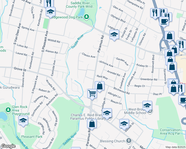 map of restaurants, bars, coffee shops, grocery stores, and more near 599 Paramus Road in Paramus