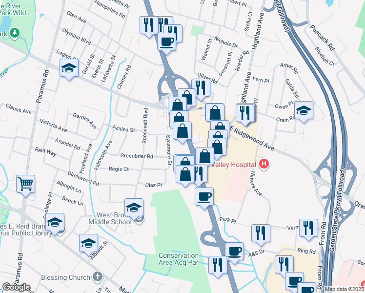 map of restaurants, bars, coffee shops, grocery stores, and more near 669 New Jersey 17 in Paramus