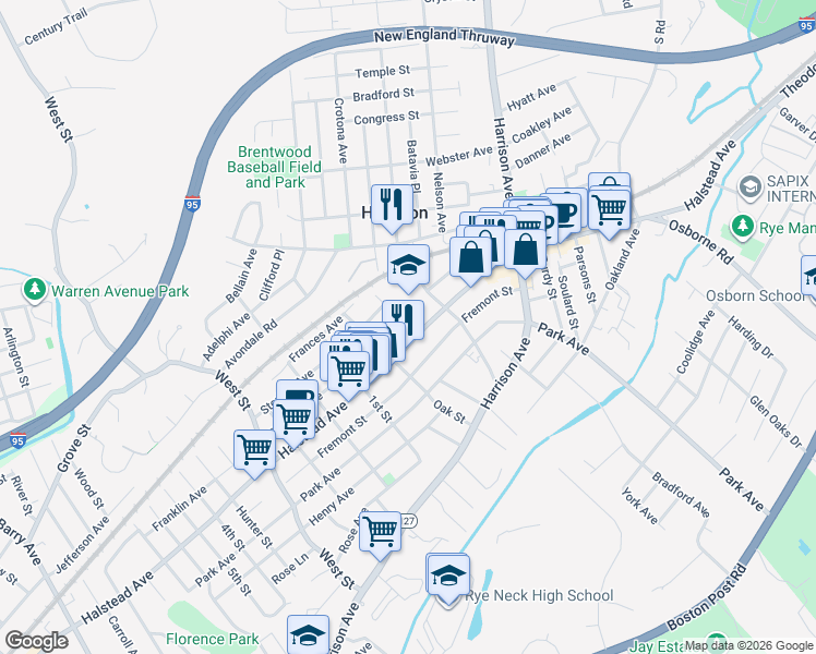 map of restaurants, bars, coffee shops, grocery stores, and more near 36 Marion Avenue in Harrison