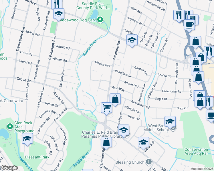map of restaurants, bars, coffee shops, grocery stores, and more near 599 Paramus Road in Paramus
