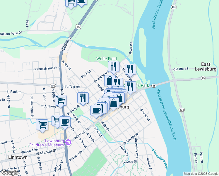 map of restaurants, bars, coffee shops, grocery stores, and more near 121 North 2nd Street in Lewisburg