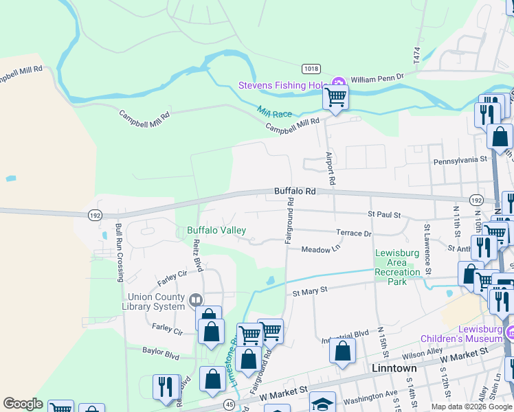 map of restaurants, bars, coffee shops, grocery stores, and more near 1100 St Paul St in Lewisburg