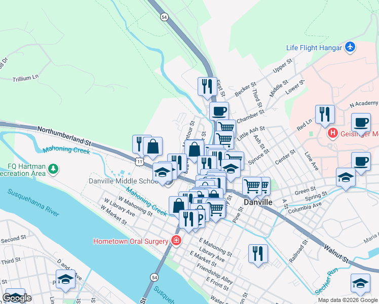 map of restaurants, bars, coffee shops, grocery stores, and more near 99 Beaver Place in Danville
