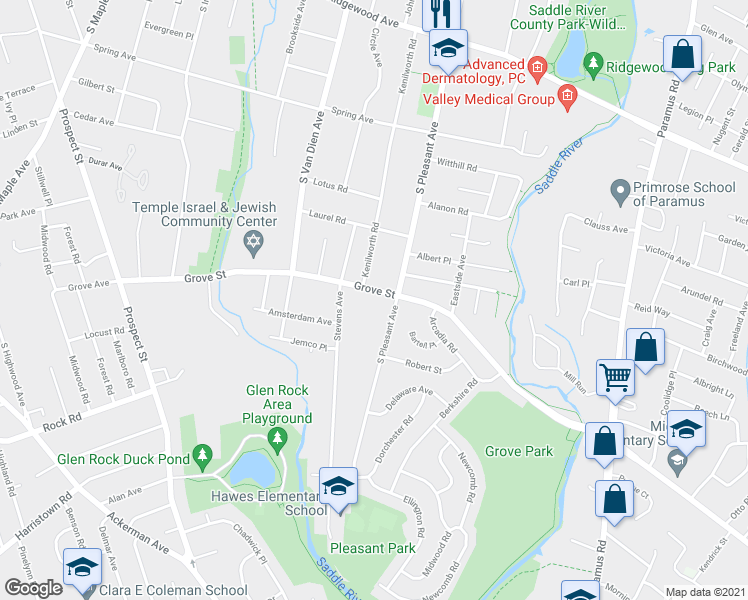 map of restaurants, bars, coffee shops, grocery stores, and more near 580 Grove St in Ridgewood