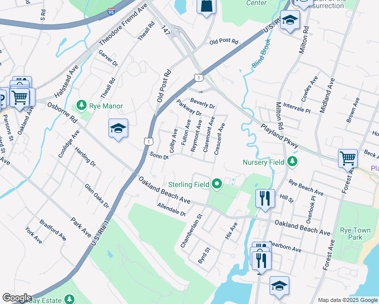 map of restaurants, bars, coffee shops, grocery stores, and more near 5 Reymont Avenue in Rye