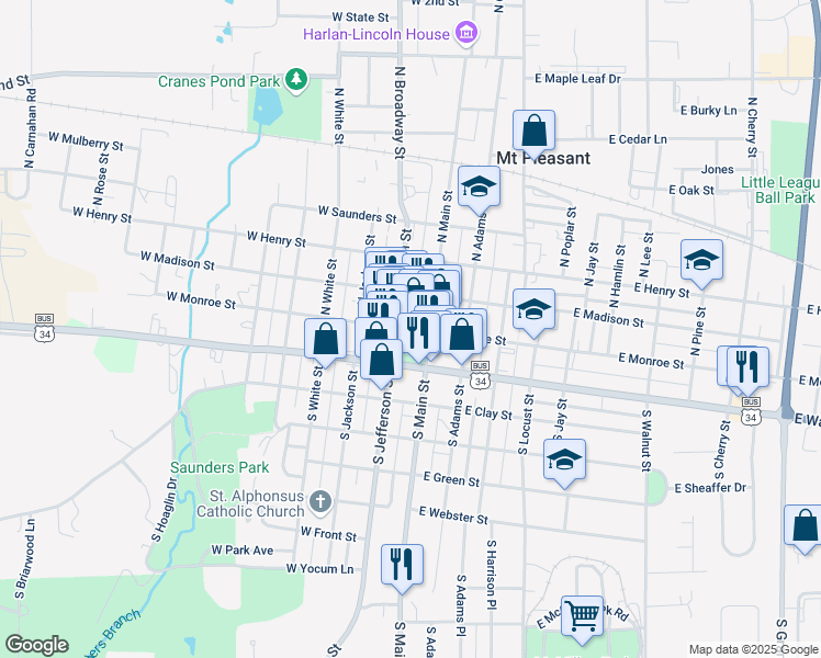 map of restaurants, bars, coffee shops, grocery stores, and more near 115 West Monroe Street in Mount Pleasant