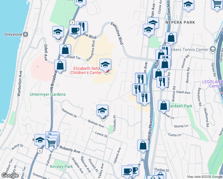 map of restaurants, bars, coffee shops, grocery stores, and more near 604 Bellevue Avenue North in Yonkers