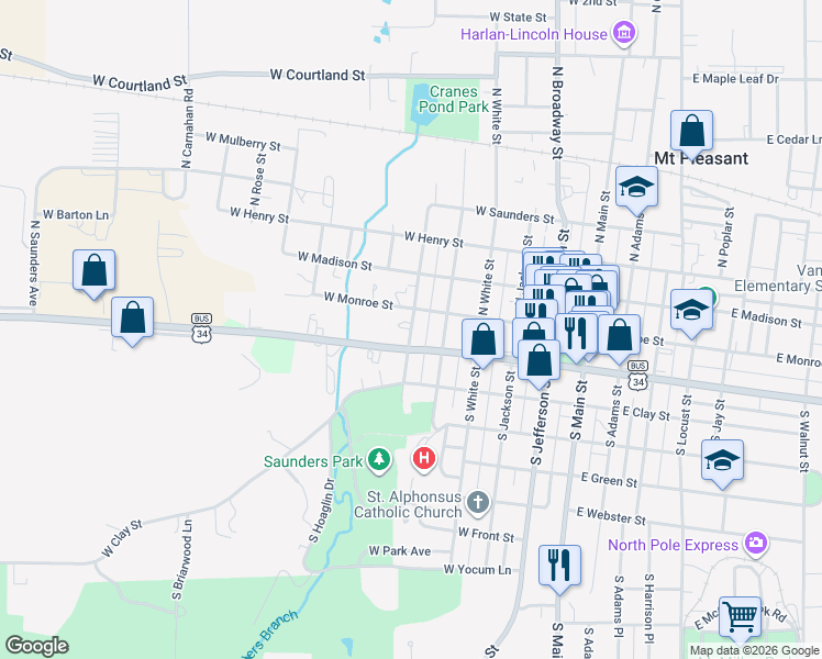 map of restaurants, bars, coffee shops, grocery stores, and more near 148 South Marion Street in Mount Pleasant