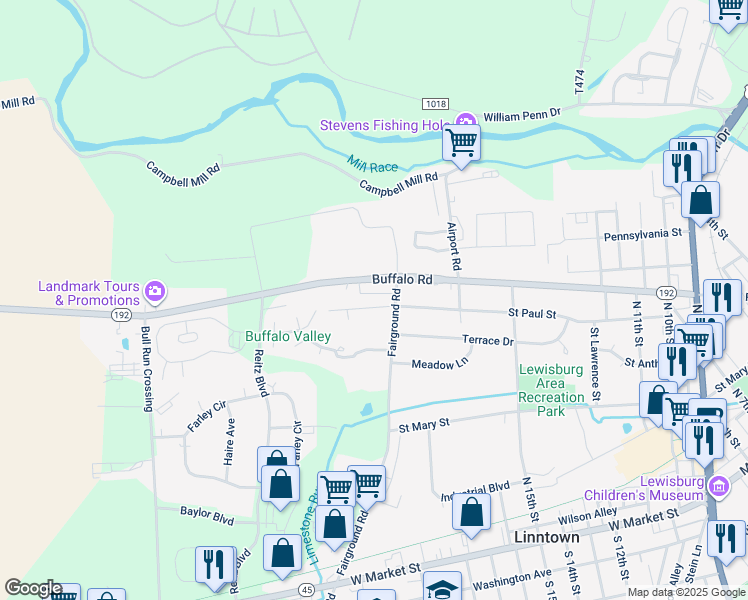 map of restaurants, bars, coffee shops, grocery stores, and more near 1014 Saint Paul Street in Lewisburg