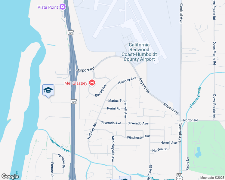map of restaurants, bars, coffee shops, grocery stores, and more near 1106 Jefferson Street in McKinleyville