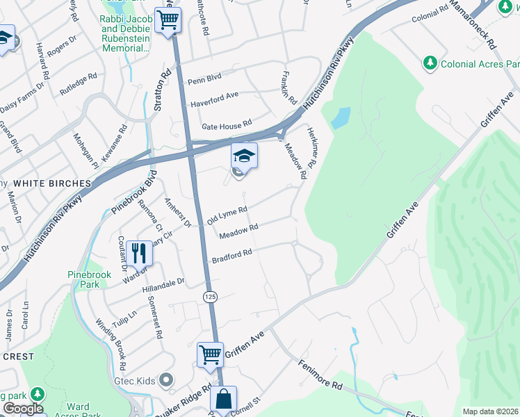 map of restaurants, bars, coffee shops, grocery stores, and more near 14 Old Lyme Road in Scarsdale