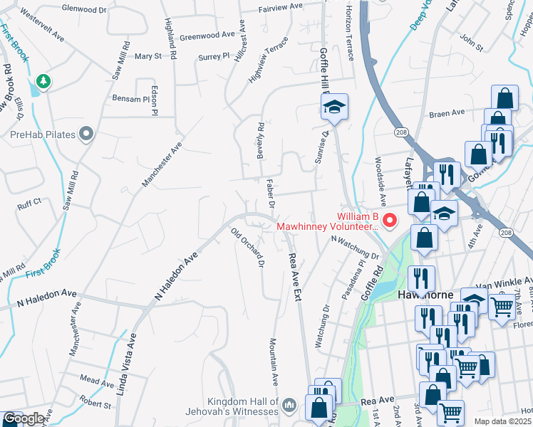 map of restaurants, bars, coffee shops, grocery stores, and more near 256 Rea Avenue Extension in Hawthorne