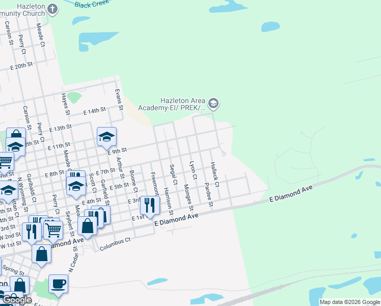 map of restaurants, bars, coffee shops, grocery stores, and more near 800-820 E 7th St in Hazleton