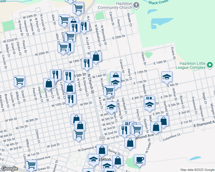 map of restaurants, bars, coffee shops, grocery stores, and more near 19 West 11th Street in Hazleton