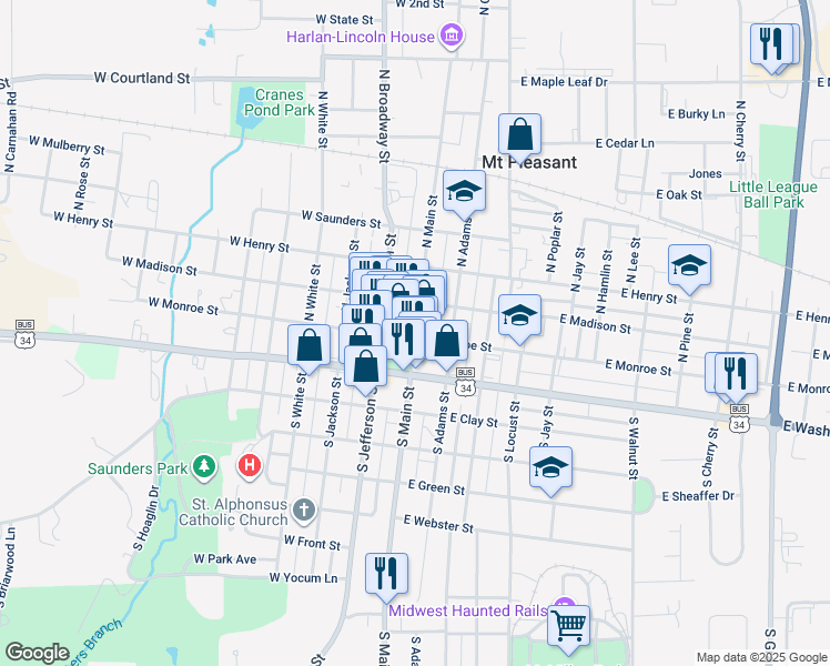 map of restaurants, bars, coffee shops, grocery stores, and more near 115 North Main Street in Mount Pleasant