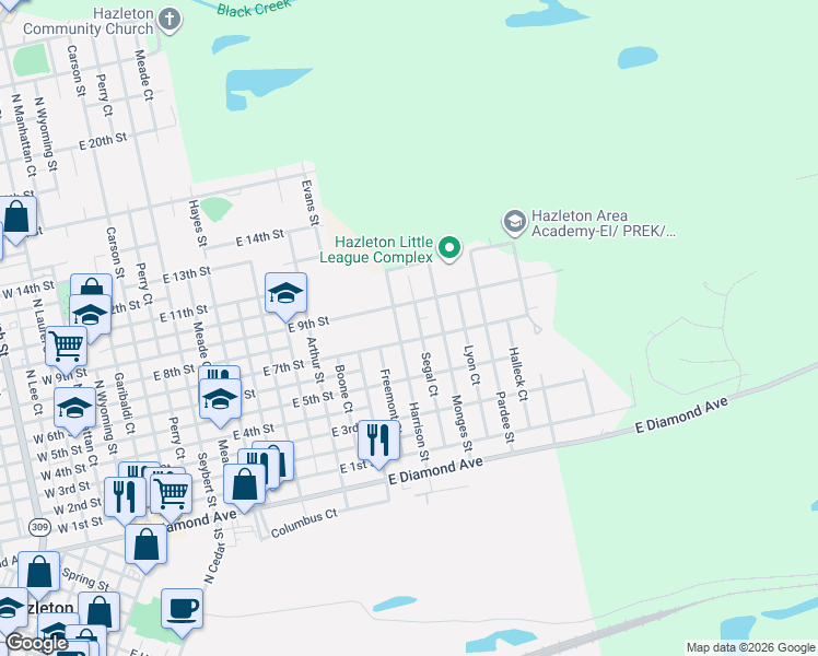 map of restaurants, bars, coffee shops, grocery stores, and more near 653 Harrison Street in Hazleton