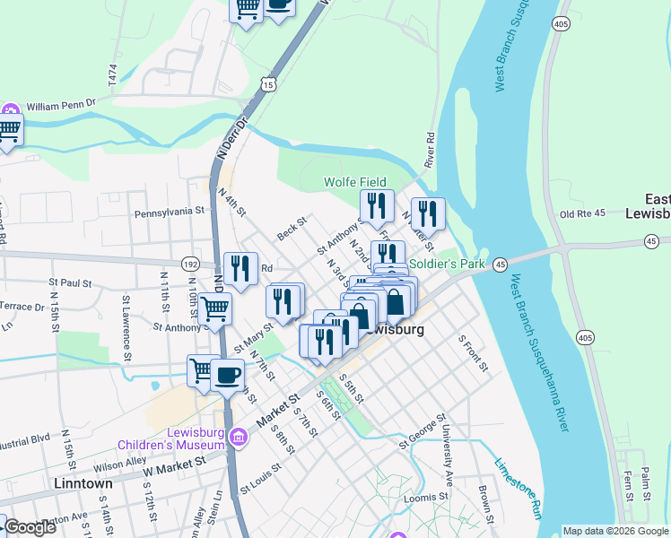 map of restaurants, bars, coffee shops, grocery stores, and more near 139 North 3rd Street in Lewisburg