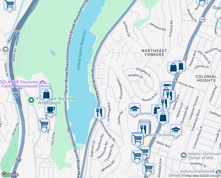 map of restaurants, bars, coffee shops, grocery stores, and more near 23 Montrose Road in Yonkers