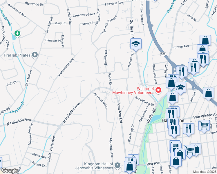 map of restaurants, bars, coffee shops, grocery stores, and more near 256 Rea Avenue Extension in Hawthorne